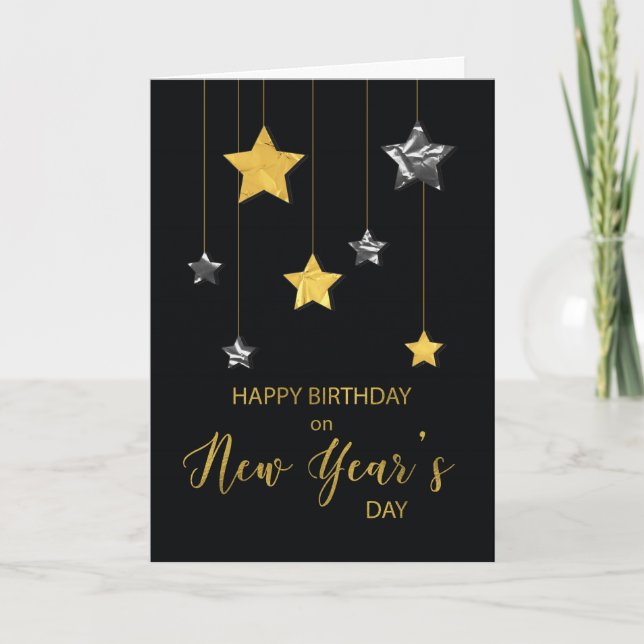 Birthday on New Year’s Day Gold and Silver Looking Card (Front)