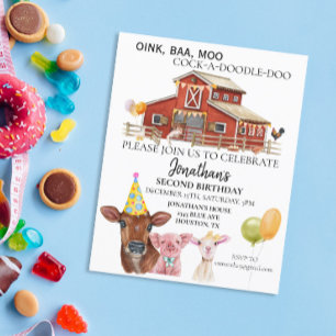 Birthday On the Farm Watercolor Cow Pig Barn