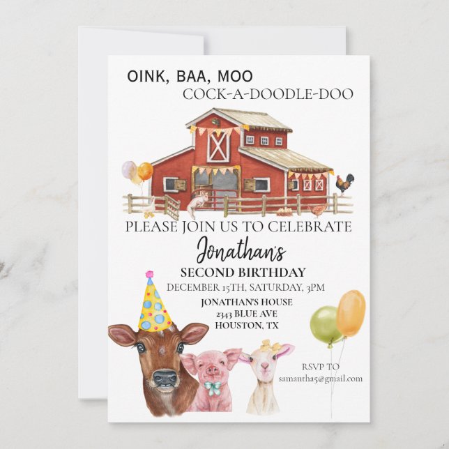 Birthday On the Farm Watercolor Cow Pig Barn Invitation (Front)