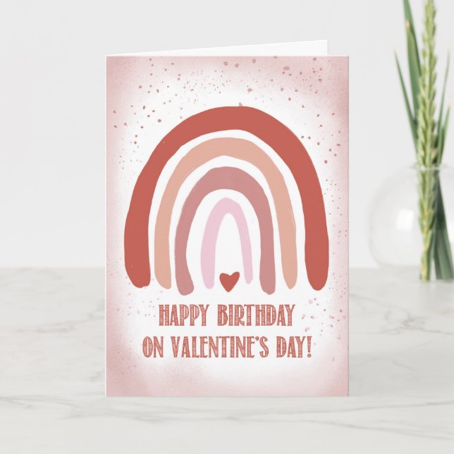 Birthday on Valentines Day Hand Painted Soft Pink  Card (Front)