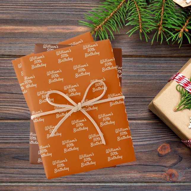 Birthday orange brown rust name wrapping paper sheet (Creator Uploaded)