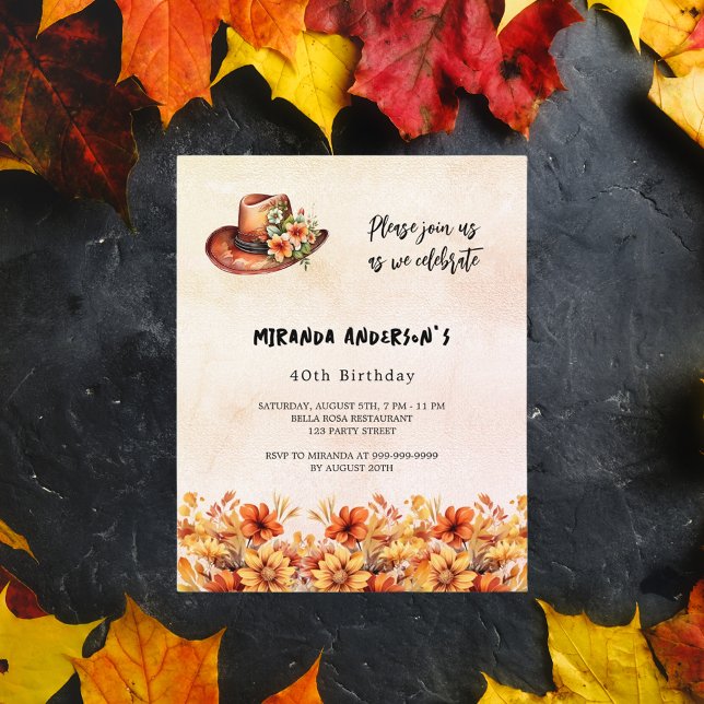 Birthday orange flowers cowgirl budget invitation (Creator Uploaded)