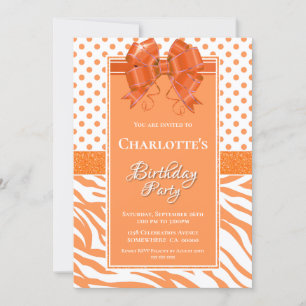Birthday Orange Polka Dots and Zebra Stripes Invitation