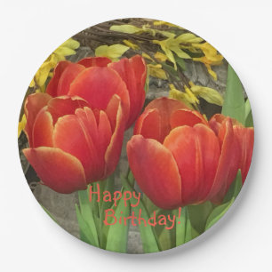 Birthday Orange Red Tulips Paper Plate