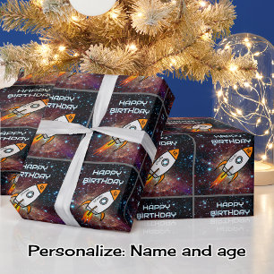 Birthday orange rocket custom name and age wrapping paper