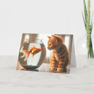 Birthday Orange Tabby Staring At a Goldfish Card