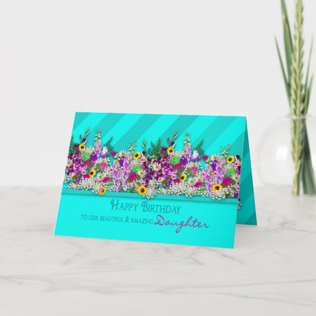 Birthday OUR Daughter, Garden Flowers, Aqua Stripe Card (Front)
