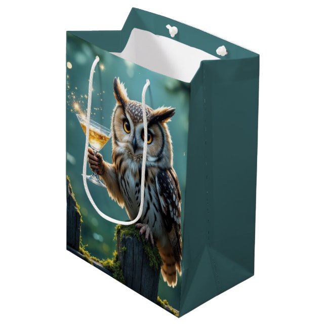 Birthday Owl Holding a Cocktail In a Forest Medium Gift Bag (Front Angled)
