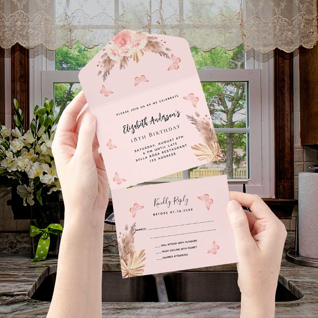 Birthday pampas blush pink butteflies florals RSVP All In One Invitation (Creator Uploaded)