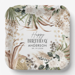 Birthday pampas eucalyptus modern boho party paper plate