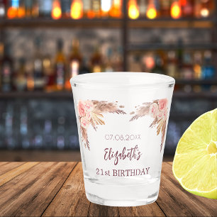 Birthday pampas grass blush pink flowers name  shot glass