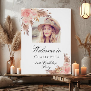 Birthday pampas grass blush rose gold arch photo poster