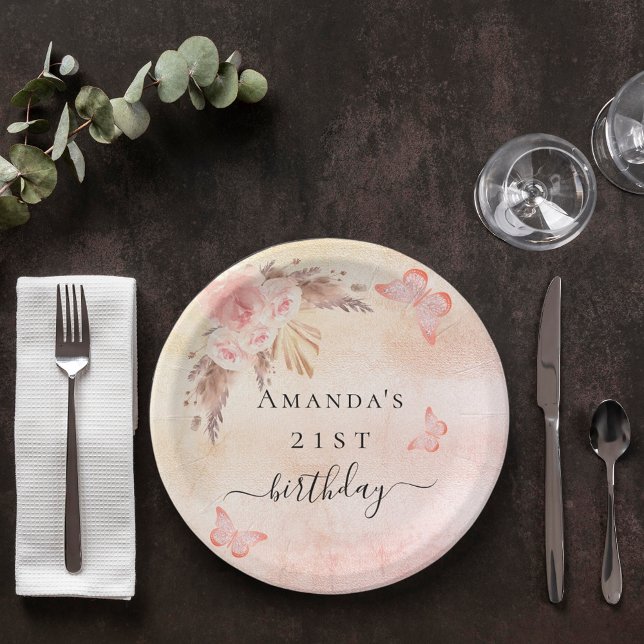 Birthday pampas grass blush rose gold butterflies paper plate (Creator Uploaded)