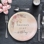 Birthday pampas grass blush rose gold florals paper plate<br><div class="desc">A rustic blush pink,  rose gold gradient background. Decorated with rose gold,  pink florals. Personalise and add a name and age.</div>
