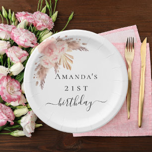 Birthday pampas grass blush rose gold florals paper plate