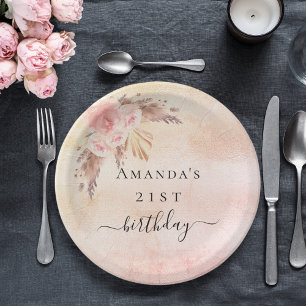 Birthday pampas grass blush rose gold florals paper plate