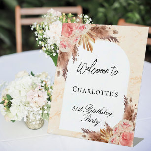 Birthday pampas grass rose gold blush arch welcome pedestal sign