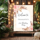 Birthday pampas grass rose gold blush arch welcome poster<br><div class="desc">A welcome poster for an elegant and modern birthday party. Golden marble and a white arch shape decorated with boho style pampas grass,  rose gold and blush pink florals.  Personalise and add your name and age.</div>