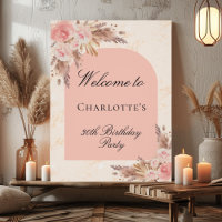 Birthday pampas grass rose gold blush arch welcome