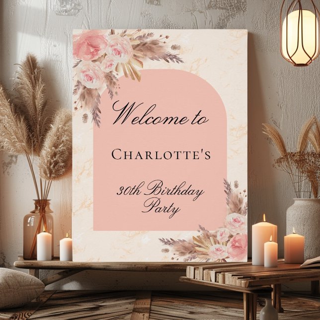 Birthday pampas grass rose gold blush arch welcome poster (Creator Uploaded)
