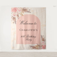 Birthday pampas grass rose gold blush arch welcome