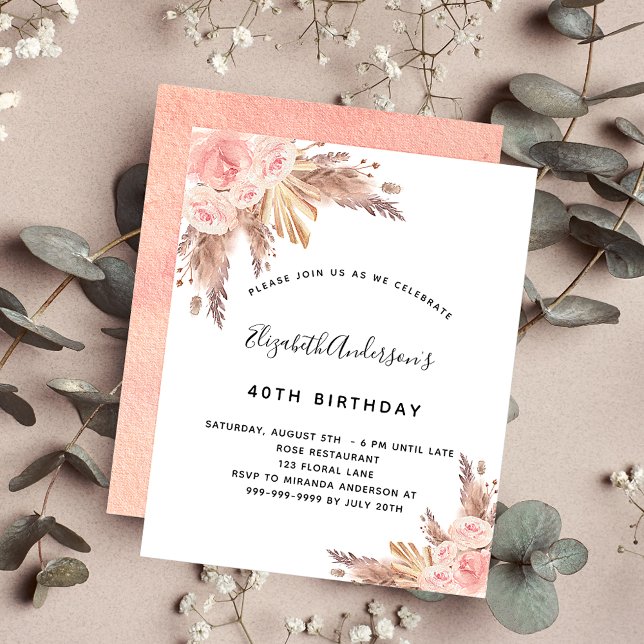 Birthday pampas grass rose gold budget invitation (Creator Uploaded)