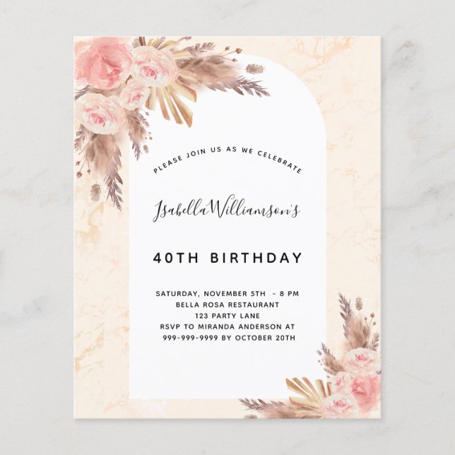 Birthday pampas grass rose gold pink invitation (Front)