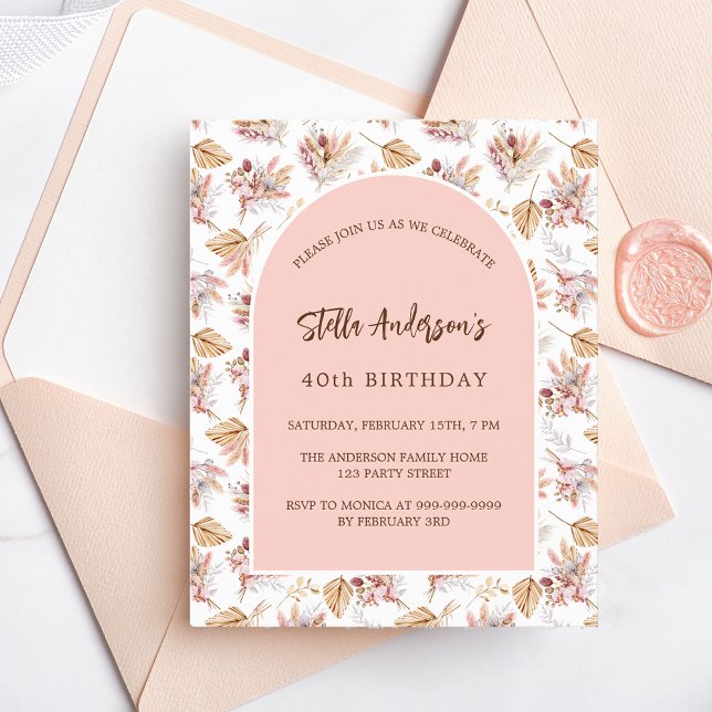 Birthday pampas rose gold flower budget invitation (Creator Uploaded)