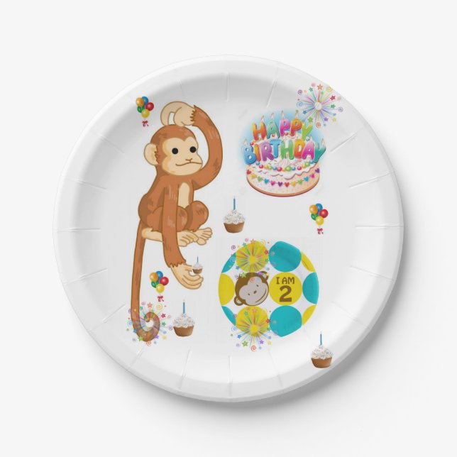 Birthday Paper Plates, Monkey Two Year Old Paper Plate (Front)