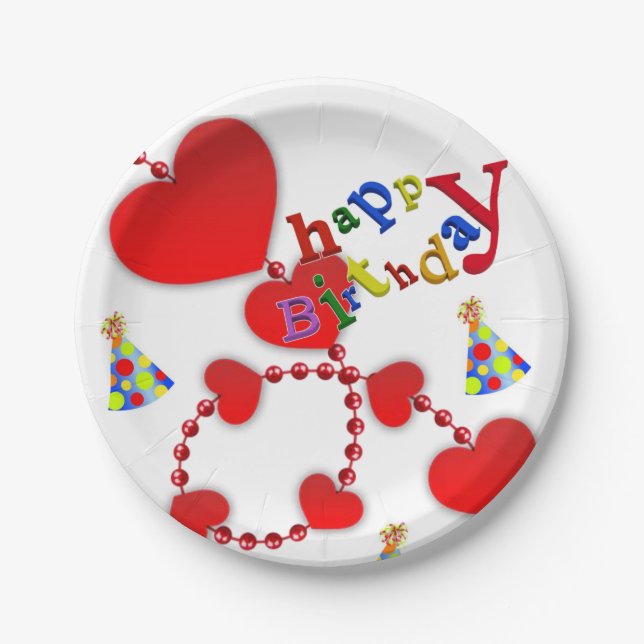 Birthday Paper Plates, Red Hearts Paper Plate (Front)