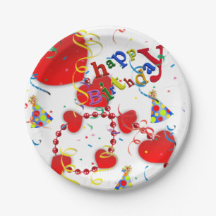 Birthday Paper Plates, Red Hearts Plate