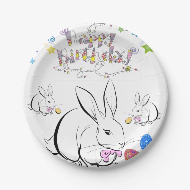 Birthday Paper Plates, White Rabbit Plate (Front)