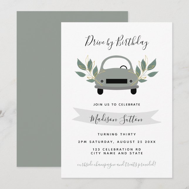 Birthday parade drive by car green foliage invitation (Front/Back)