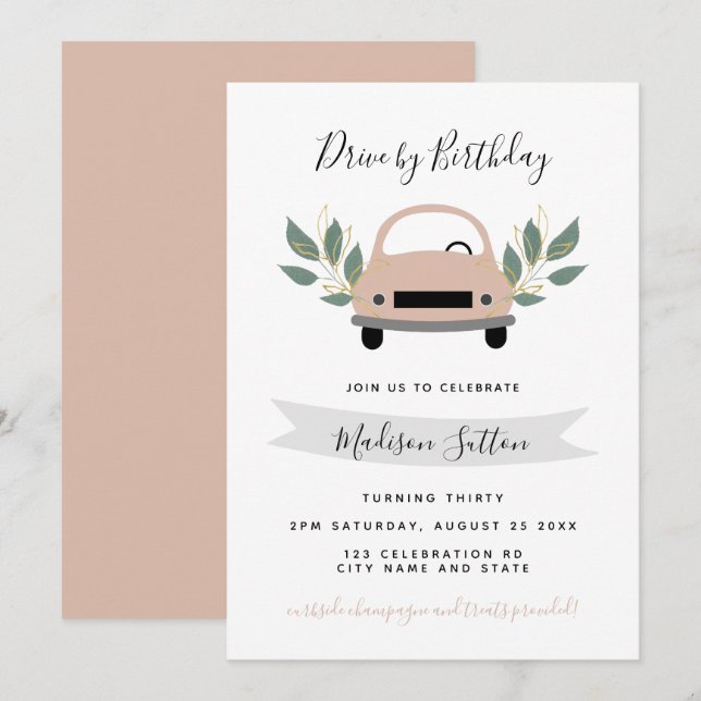 Birthday parade drive by pink car green foliage invitation (Front/Back)