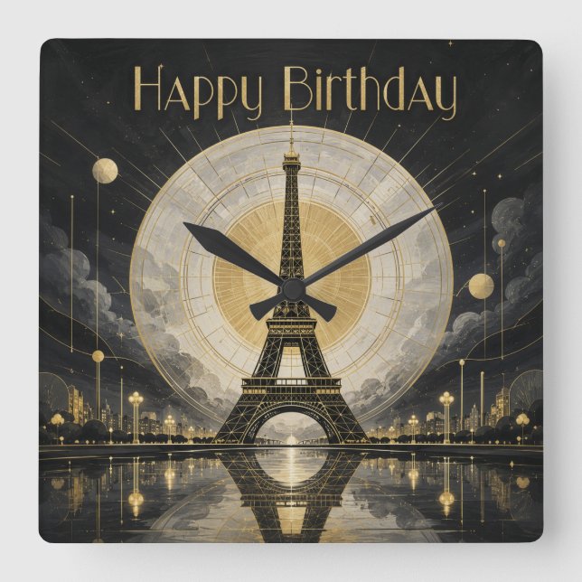 Birthday Paris Eiffel Tower Gold Deco Square Wall Clock (Front)