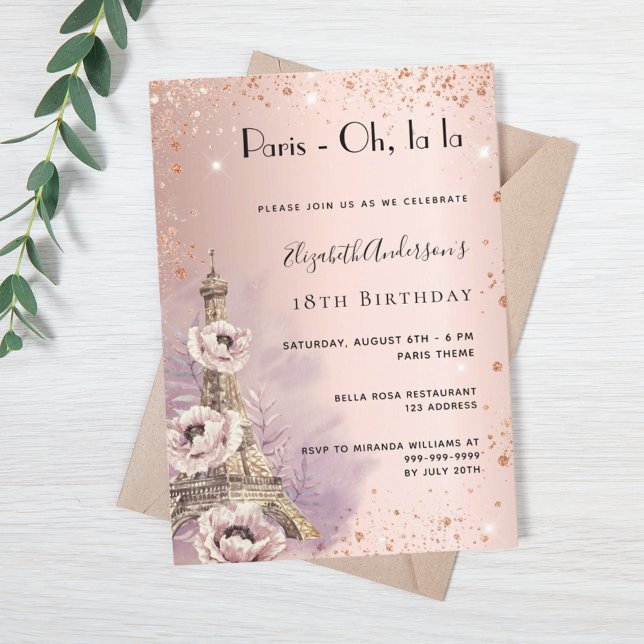 Birthday Paris rose gold Eiffel tower Invitation (Creator Uploaded)