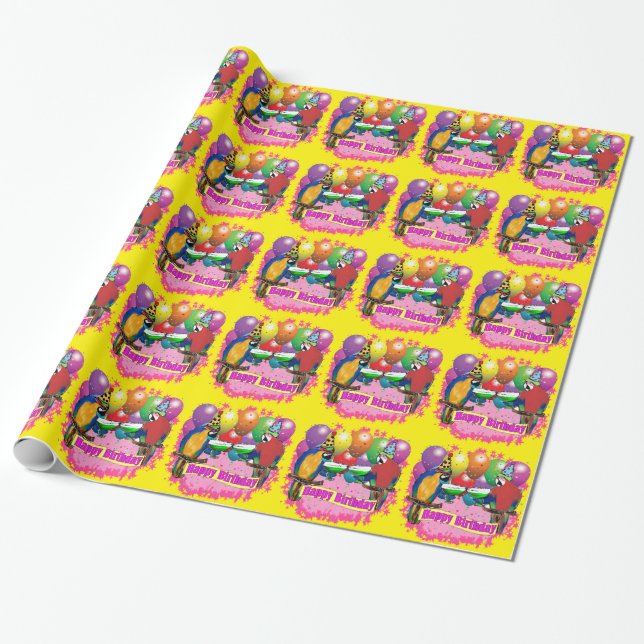 BIRTHDAY PARROTS WRAPPING PAPER (Unrolled)