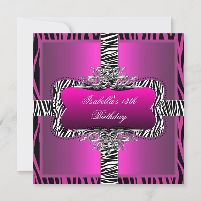 Birthday Party 13th Teen Wild Pink Zebra Black Invitation (Front)