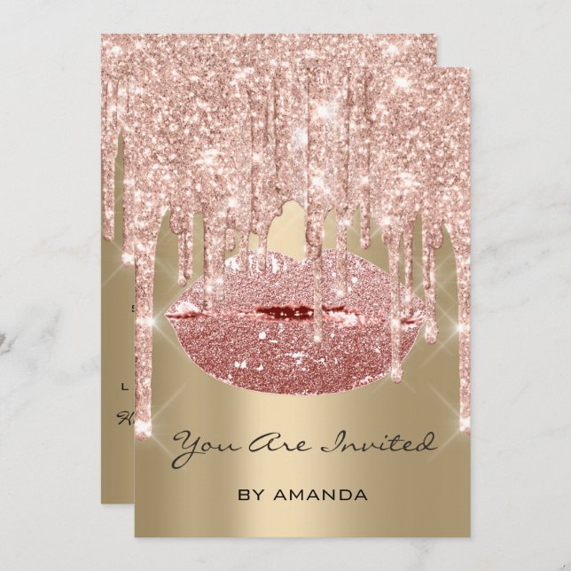 Birthday Party 16th Kiss Lips Rose Glitter Sepia Invitation (Front/Back)