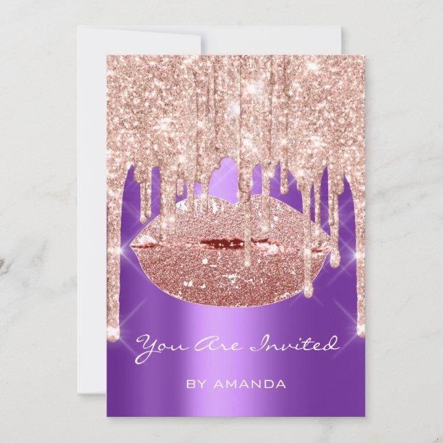 Birthday Party 16th Kiss Lips Rose Purple Glitter Invitation (Front)