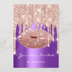 Birthday Party 16th Kiss Lips Rose Purple Glitter Invitation