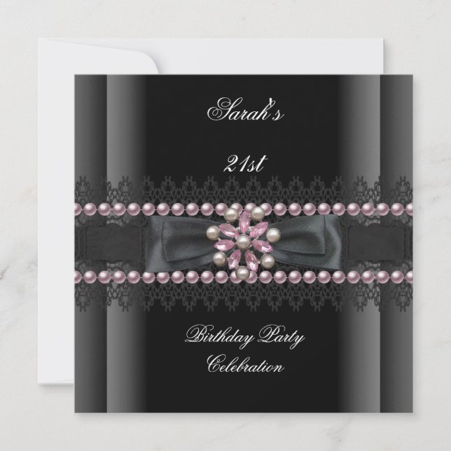 Birthday Party 21st Black White Pink Pearl Invitation (Front)