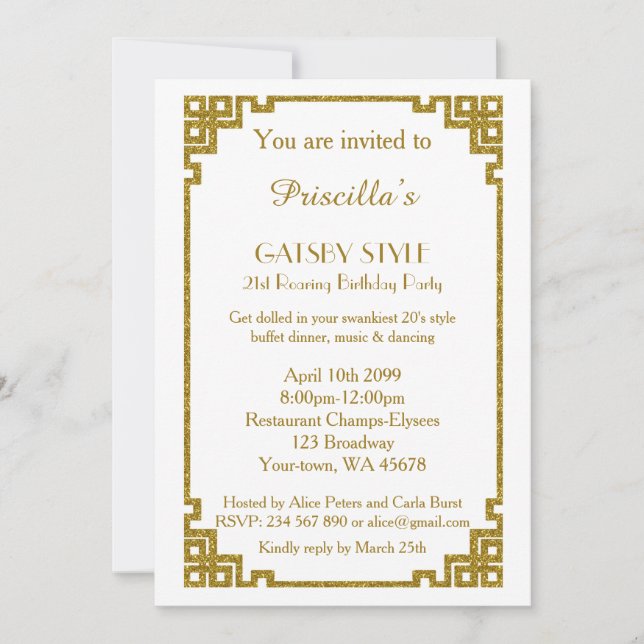 Birthday party 21st, Gatsby style, white & gold Invitation (Front)
