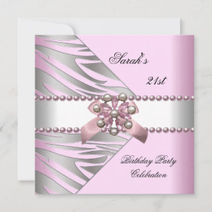 Birthday Party 21st Pink Zebra White Pink Pearl Invitation