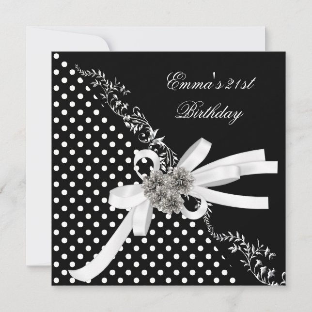 Birthday Party 21st Polka Dot Black White Bow Invitation (Front)