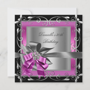Birthday Party 30th Black Pink Silver Grey Bow Invitation