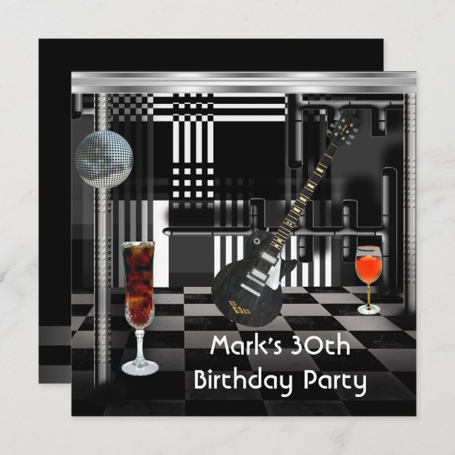 Birthday Party 30th Mens Guitar Drinks Black White Invitation (Front/Back)