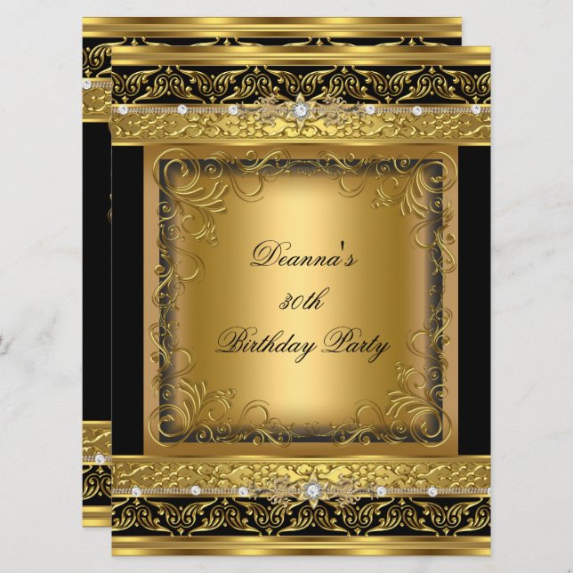 Birthday Party 30th Metallic Gold Black Diamond Invitation (Front/Back)