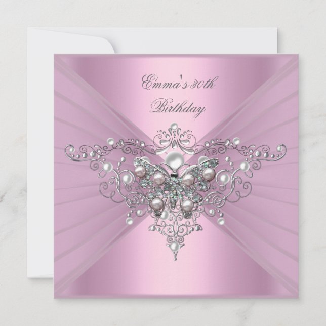 Birthday Party 30th Pink Pearl Butterfly Invitation (Front)