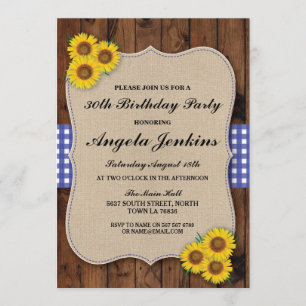 Birthday Party 30th Sunflower Wood Burlap Invite